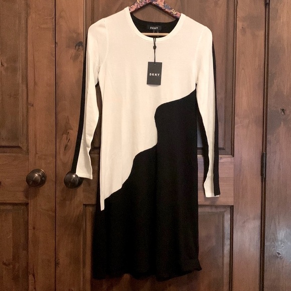 NWT $139 DKNY Donna Karan Black/Cream Sweater Dress Long Sleeve Sz S - Picture 3 of 12